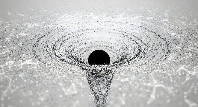 Swirling particle vortex descending into a dark center. Black hole physics and data gravity or information collapse. White dots spiraling into a funnel shape on a light gray background