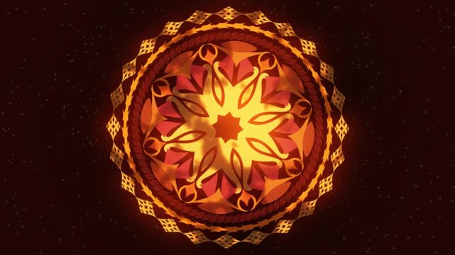Fiery Orange and Yellow Animated Mandala, Colorful Mandala, A vibrant orange and yellow mandala design set against a dark space background.