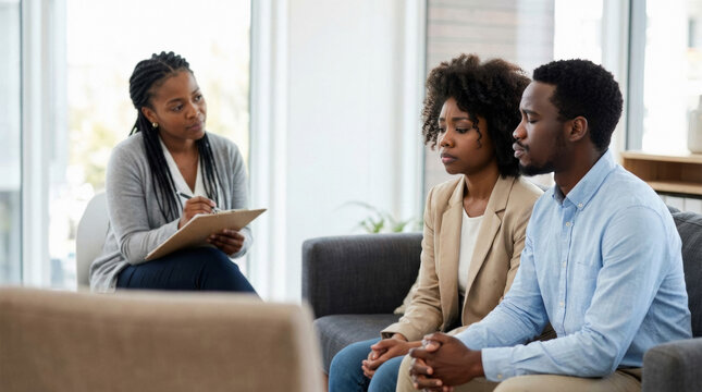 African American woman therapist consulting with African American couple during therapy session. Professional marriage counseling to resolve conflict and improve communication in relationship.
