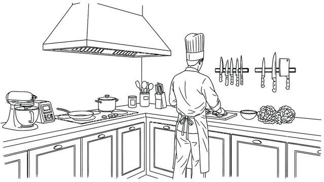 Professional chef cooking meal in modern kitchen interior outline drawing showing person wearing white uniform standing at counter with appliances and cookware.