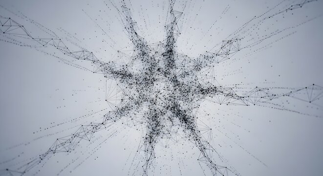 Complex neural network and data mesh structure. Information technology and artificial intelligence. Digital spider web of connected nodes and lines on a clean white background