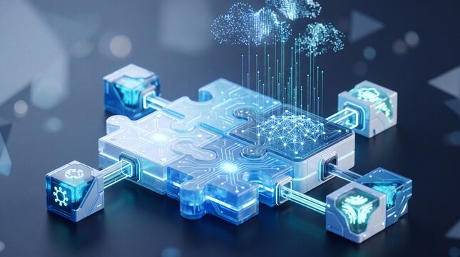 Futuristic technological interface with digital circuit design and glowing elements.