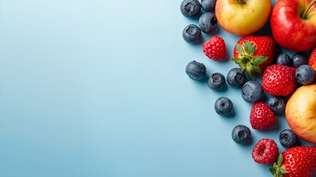 A fresh fruit poster featuring strawberries as the main subject, with blueberries, apples, and raspberries as supporting fruits, arranged on the right side, soft lighting, blue gradient background