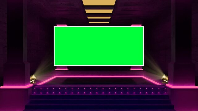 Modern PINK Virtual Studio Stage with Large Green Screen Display and Neon Lighting for News or Presentation