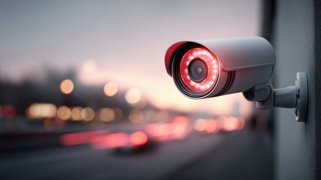 Security camera with red lights mounted on a wall overlooking a street