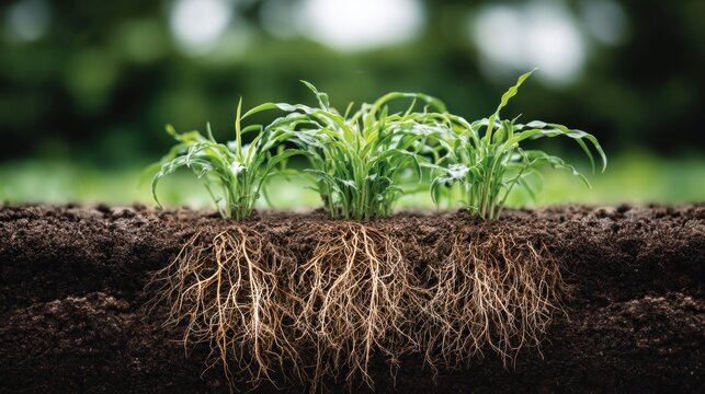 Young plants with roots growing in soil, showing the underground root system
