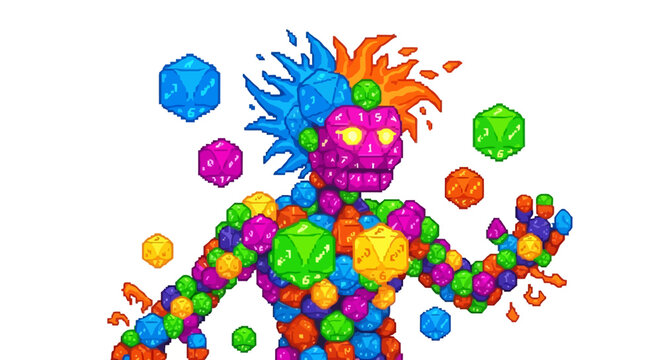 Vibrant D20 Dice Monster Character with Exploding Head.