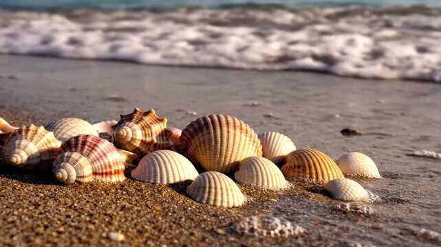 Seashells on sandy shoreline with gentle waves and sunlight