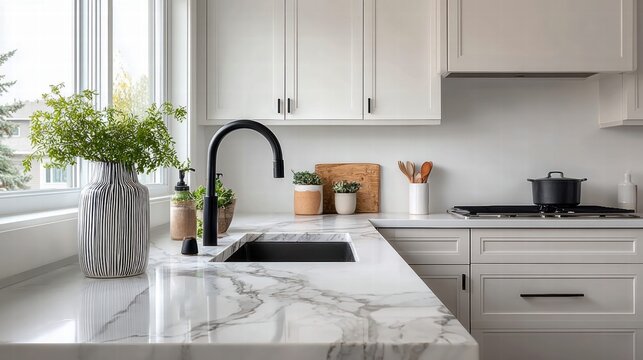 Modern kitchen interior with marble countertops and stylish decor.