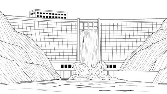 Massive hydro power plant dam on river with high mountains surrounding it and huge building on top, electric energy production object.