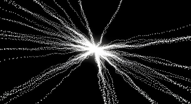 Exploding white particle burst from center point. Big data dispersion and energy light beam. Glowing dots radiating outward to represent network connectivity and digital expansion