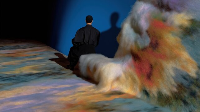 A person in black robes sits on a floor with colorful powder swirling around, creating a dynamic and artistic visual effect.