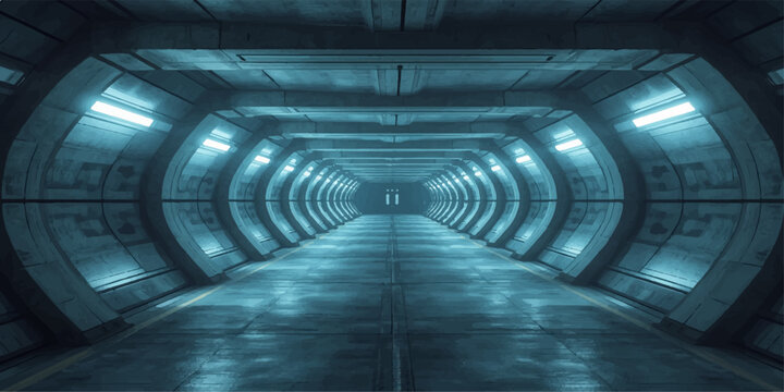 A futuristic underground metro station features a sleek glass corridor and urban architecture where a perspective hallway leads pedestrians toward the city train