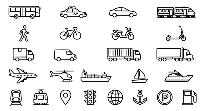 Transportation Outline Icon Set Bus Taxi Car Train Travel Linear Icons Editable Stroke Vector Collection