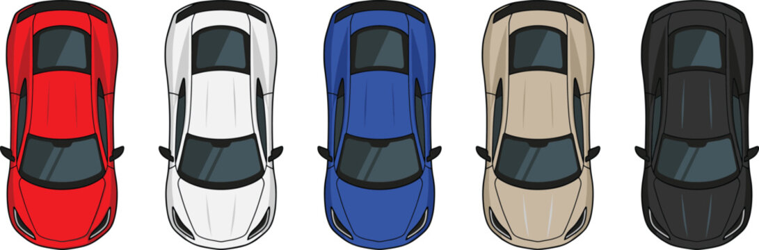 Top view collection of modern sports cars in multiple colors isolated on white background for automotive design concepts