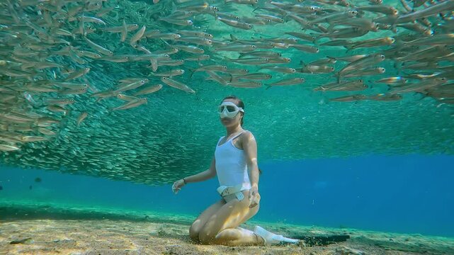 Girl with long braided hairdo, wearing white freediving gear, sits on sandy seabed in dense ring of Atherina. Young woman seems to be presiding over this vortex of small fish swimming in circle.