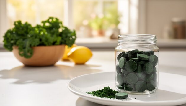 Green spirulina or chlorella tablets in a glass jar with powder on a white plate and healthy kale with lemons in the background representing natural superfood supplements and detox lifestyle