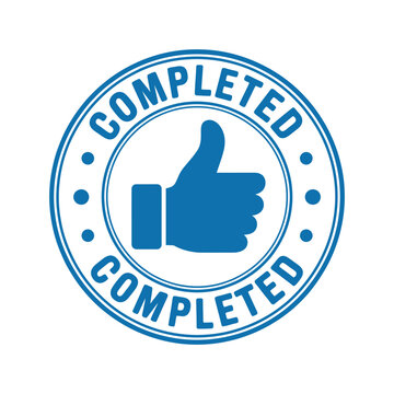 Blue thumbs up icon with completed text in circle  approval stamp