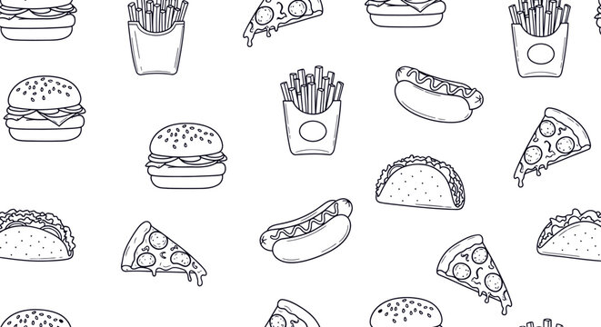 Seamless fast food pattern outline style street food snack background design