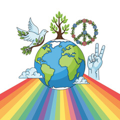 Naklejka premium Peaceful Dove Above Earth with Rainbow and Tree Symbols of Unity