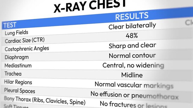 X-Ray Chest Test Report. Lung Health Screening, Respiratory Diagnosis, Radiology Examination, Pulmonary Assessment, Medical Evaluation and Clinical Care. Random Chest X-Ray Report Video Animation