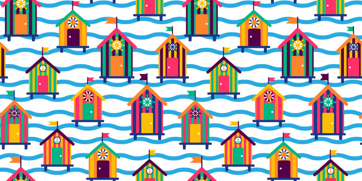 seamless pattern with colorful beach huts and blue sea waves background vibrant nautical summer vector illustration for fabric