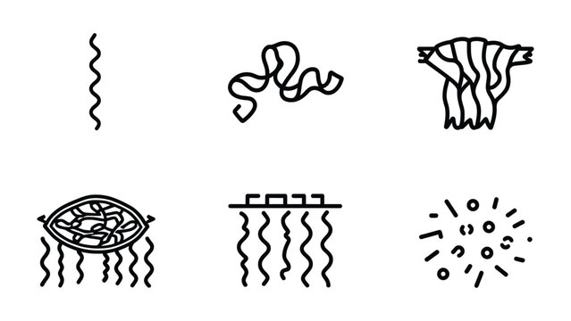 Noodle Icon Set: Simple hand-drawn illustrations that showcase the versatility of noodles in various forms and preparations, offering a glimpse into culinary possibilities. 