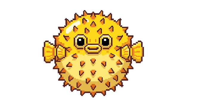 Cute Pufferfish Character Illustration Pixel Art Style.