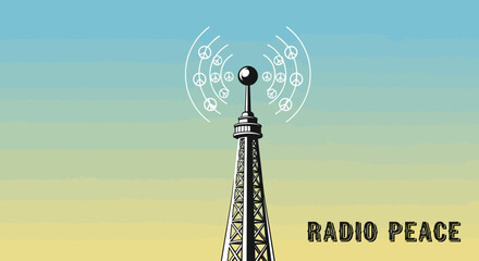 Fototapeta premium Conceptual illustration of a radio tower broadcasting symbols of peace and unity across the globe, representing a message of serenity and harmonious communication for all