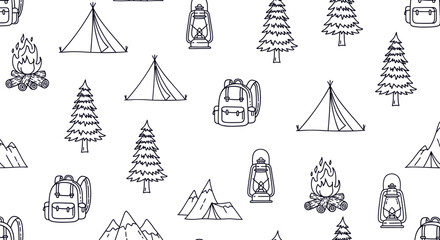 Fototapeta premium Seamless camping outdoor pattern outline style adventure nature background design