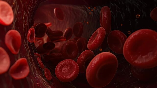 Macro photograph of red blood cells moving through a blood vessel with soft focus and warm light, medical concept of human circulation and health.