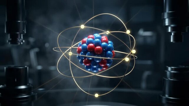 Glowing atomic structure with orbiting electrons and detailed nucleus suspended in a dark futuristic laboratory environment.