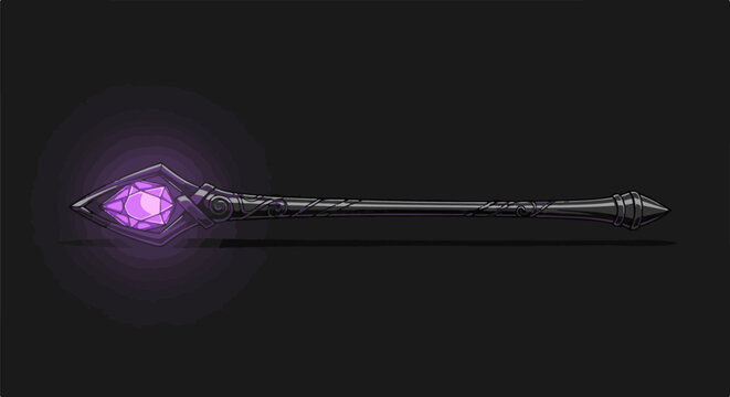 A pixel art staff with a glowing purple gem at one end, against a dark background