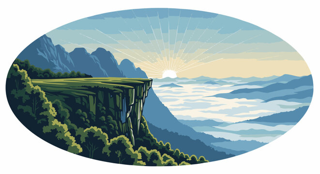 A pixel art sunrise over a misty mountain range from a cliff edge