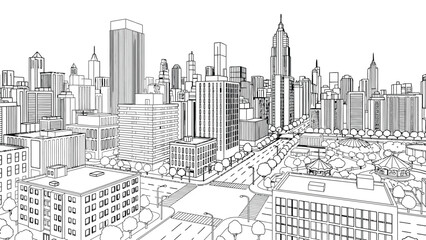 Vast cityscape with diverse buildings, skyscrapers, and busy streets below, illustrated in a clean outline art style for architectural concepts. © hossain
