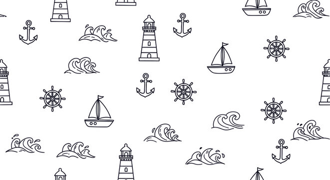 Seamless nautical marine pattern outline style ocean sailing background design