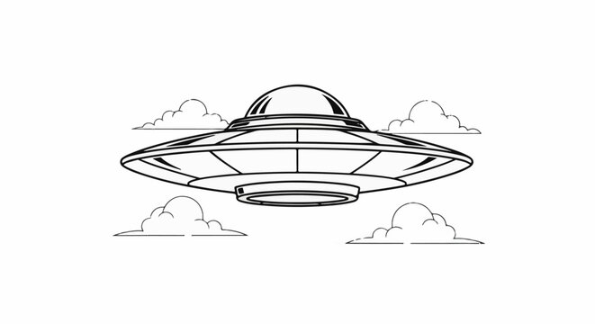 A monochrome line drawing of a disc-shaped craft with a domed top amidst clouds