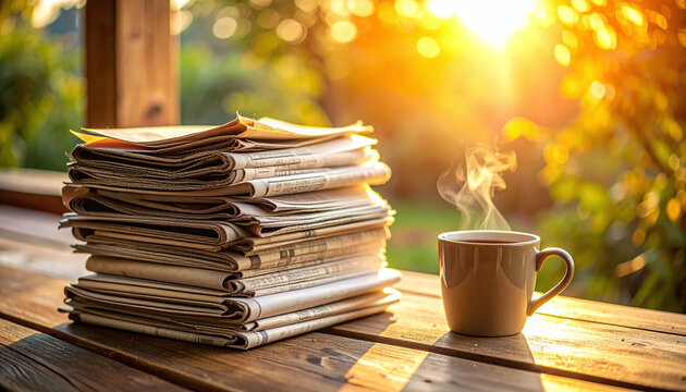 Serene morning lifestyle scene featuring a stack of newspapers and a steaming coffee mug on a rustic table in golden sunlight. Perfect for news, slow living, and daily routine concepts.