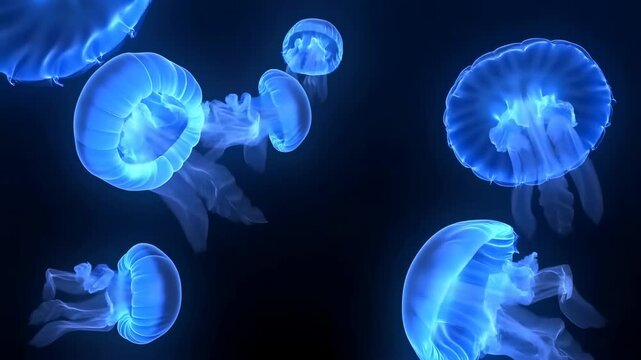 Ethereal blue jellyfish gracefully floating in dark water. Captivating marine life showcasing the beauty of ocean ecosystems