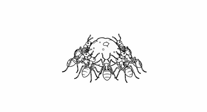 A group of ants work together to move a large, round object
