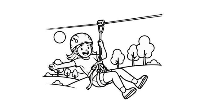 A girl in a helmet happily zips through a park with trees and a sun