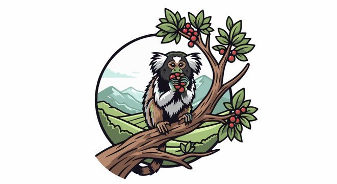 A fluffy primate sits on a tree branch eating red berries with a mountain landscape