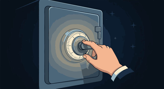 A hand turns a combination lock on a secure safe in a starry night