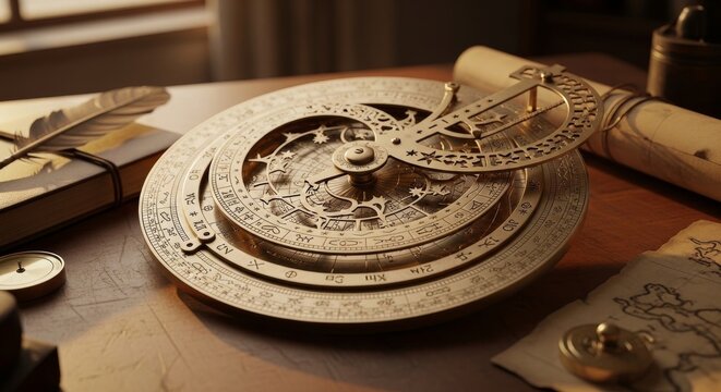 Intricate Brass Astrolabe on Wooden Table