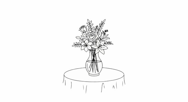 A line drawing of a floral arrangement in a glass vase on a round table