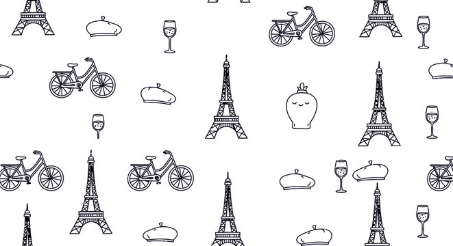 Seamless Paris travel pattern outline style landmark tourism background design