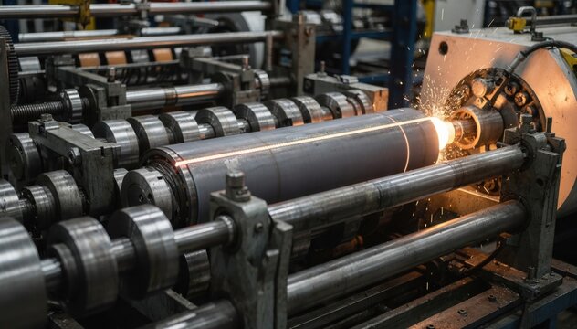 Closeup medium view of a pipe forming line where strip steel is gradually transformed into cylindrical tubes by multiple roll stands highlighting the welding seam and flying cutoff