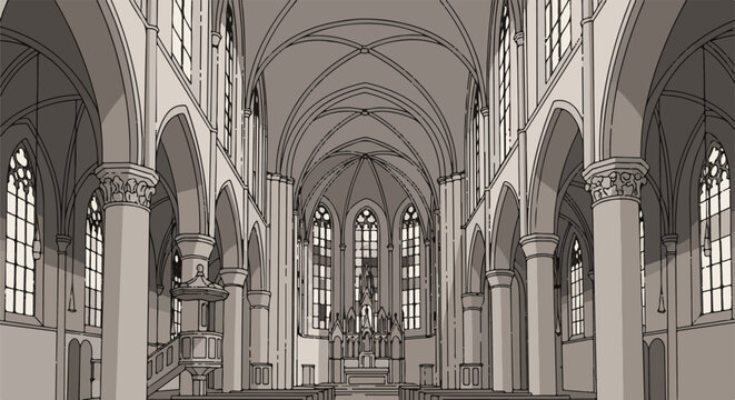 A grand gothic cathedral interior with high vaulted ceilings and stained glass