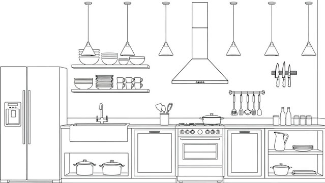 Kitchen interior design line art showing modern stove oven range hood cabinets shelves with dishes pots and hanging utensils for culinary preparation room.