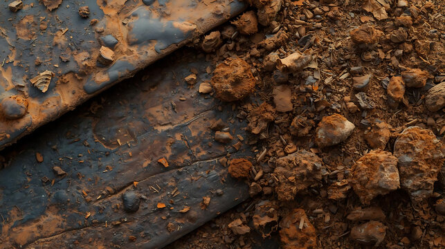 Gritty texture of rusted metal sheets partially buried in earthy brown soil